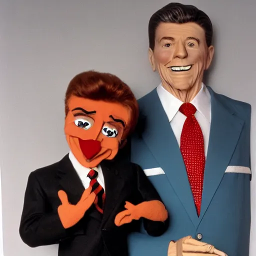 Prompt: ronald reagan as a ventriloquist's puppet, portrait, 8 0 s aesthetic