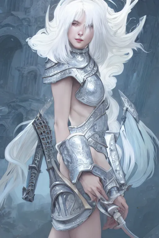 Image similar to portrait white hair knights of zodiac girl, matt white ice color armor, in ruined agora of athens, ssci - fi and fantasy, intricate and very very beautiful and elegant, highly detailed, digital painting, artstation, concept art, smooth and sharp focus, illustration, art by tian zi and wlop and alphonse mucha and ilya kuvshinov