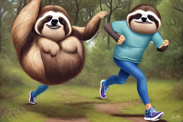 Image similar to anthro fat sloth going for a run in the park, wearing running sneakers and a muscle tee - shirt, dynamic active running pose, an ultrafine detailed painting by mark ryden, trending on deviantart, pop surrealism, whimsical, lowbrow, grotesque