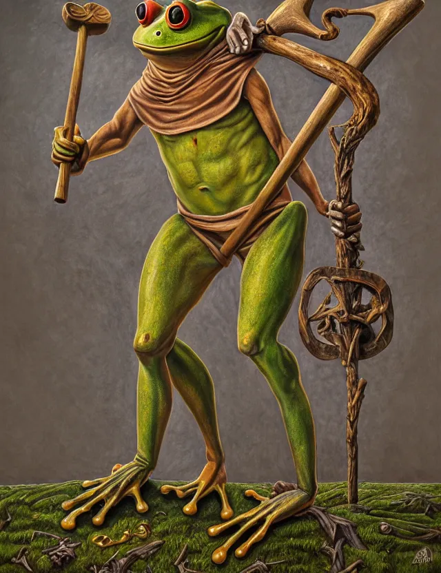 Prompt: anthropomorphic bipedal frog that is dressed as a medieval worker, and holding a gnarled wooden club, as a matte oil painting, d & d character reveal, by alex grey, standing, fullbody, tattoos, cybernetics, fog, mystic, bright, concept art, award - winning, extremely detailed, sharp focus
