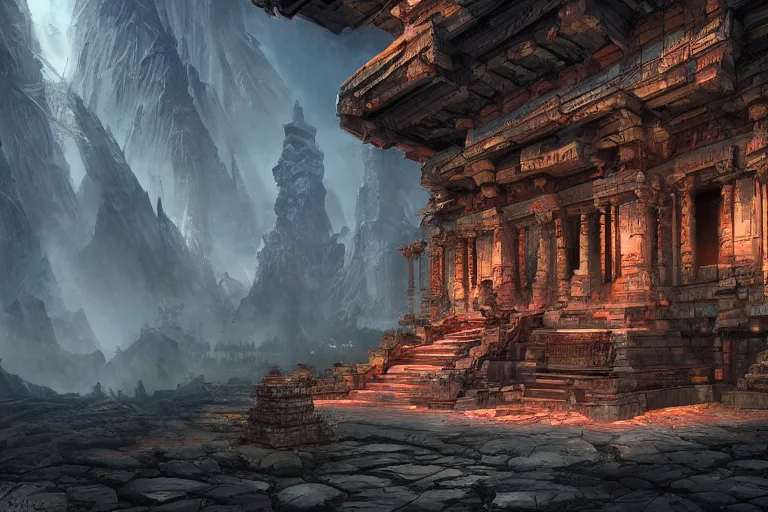 Image similar to the ancient temple, in the style of stephan martiniere and vicente segrelles, trending on artstation, back lighting tilt - shift cottagecore, abstract illusionism, movie poster, creature concept art, precisionism