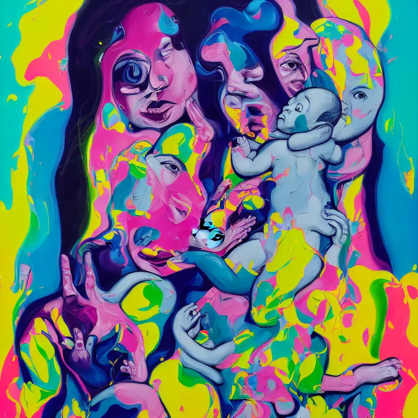 Image similar to woman holding a baby, an ultrafine detailed painting by peter max and francis bacon and fiona rae and hernan bas and anna mond, featured on deviantart, metaphysical painting, pop surrealism, melting paint, biomorphic, mixed media, photorealistic, dripping paint, palette knife texture, masterpiece