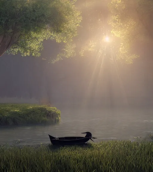 Image similar to three crows in a little boat in a swamp, volumetric lighting, fog, majestic light, octane render, ethereal glare of the sun, hyperrealistic, epic, masterpiece, by makoto shinkai