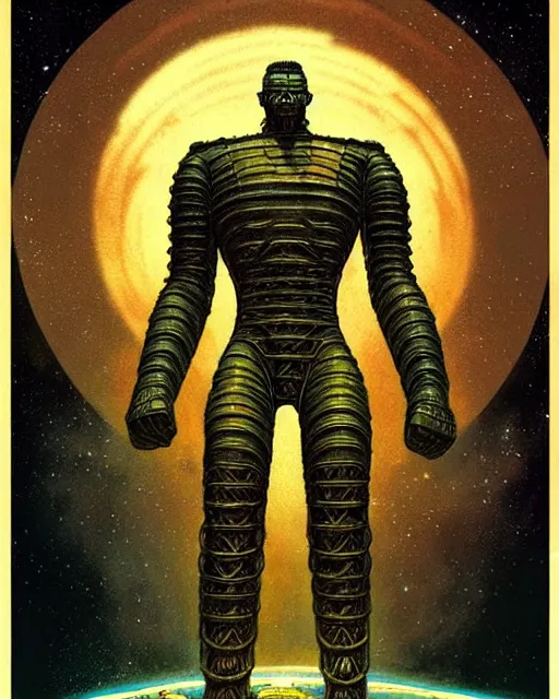 Image similar to portrait giant colossus humanoid with his fist up, brown armor, background ancient alien landscape, low angle, close up, concept art, intricate details, highly detailed, vintage sci - fi poster, retro future, vintage sci - fi art, in the style of chris foss, rodger dean, moebius, michael whelan, and gustave dore