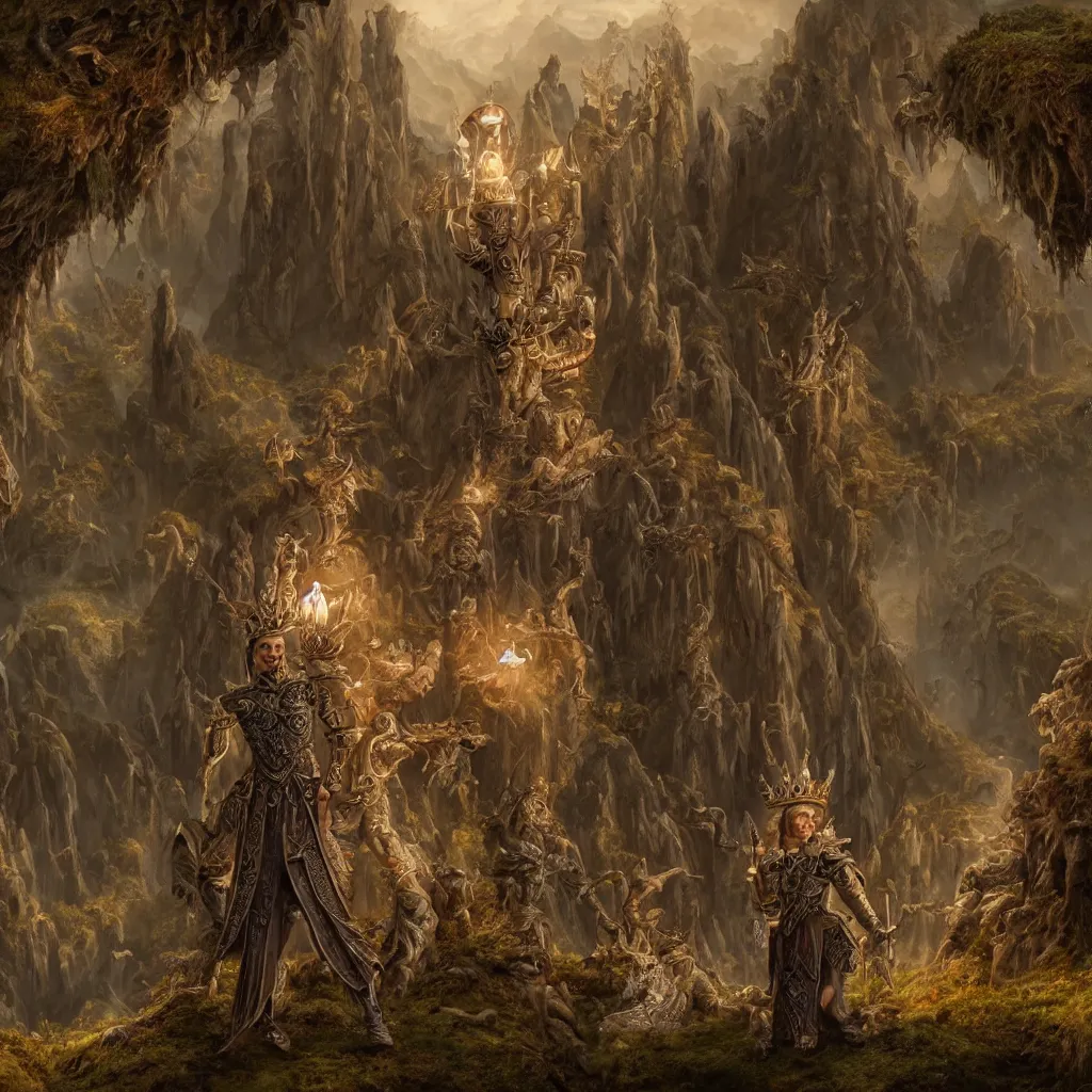 Image similar to Tristan Fulcher wearing a crown, highly detailed, 8k, hyper, dramatic, adventure game, D&D, fantasy art by joseph karl stieler, global illumination, radiant light, detailed and intricate environment