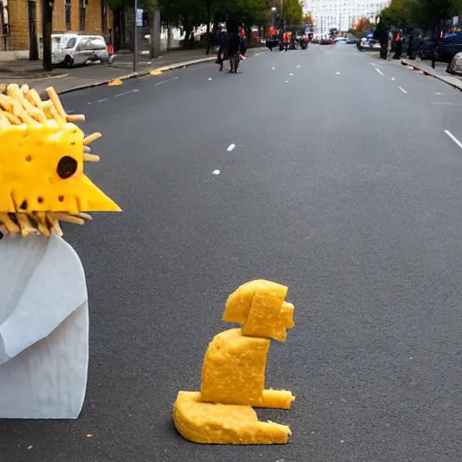 Image similar to boy made of cheese walks a dog made of cheese on a street made of cheese