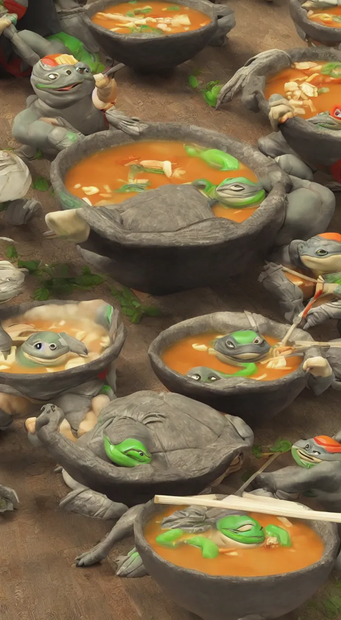 Prompt: little ninja turtles in soup in a chinese restaurant, a chinese man eats this soup, super realistic, super detailed, high octane, photorealistic, rendering 8 k, 8 k octane, unreal engine