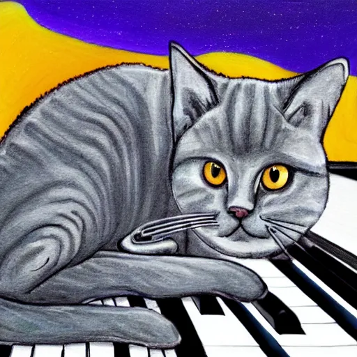 Prompt: grey british shorthair cat sitting on piano keys with musical notes in the background colorful detailed painting 4 k