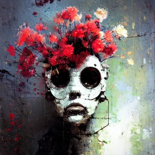 Image similar to a painting by jeremy mann of a white robot head with flowers growing out, highly detailed, color bleeding, pixel sorting, plain black background, studio lighting, high contrast, bold composition, abstract paint color splotches