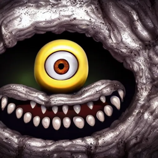 Image similar to glistening slimy minion with sharp teeth rising from the abyss, horrifying atmosphere, photorealistic