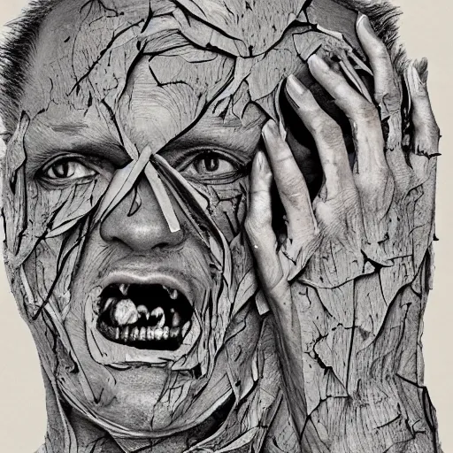 Image similar to face shredded like paper as skin peeling scream, dark, surreal, illustration, realistic horror