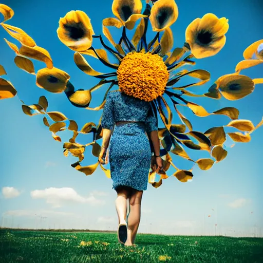 Image similar to giant flower head, woman walking, surreal photography, cinematic, blue sky, symmetry, detailed, bright, retro, wes anderson