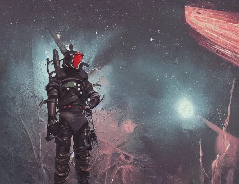 Image similar to a detailed portrait painting of a bounty hunter wearing a reflective visor, standing in a forest holding a weapon, spacecraft flies in the distance. cinematic sci-fi poster. Flight suit, cloth and metal, accurate anatomy. Samurai influence, knight influence. fencing armour. portrait symmetrical and science fiction theme with lightning, aurora lighting. clouds and stars. Futurism by moebius beksinski carl spitzweg moebius and tuomas korpi. baroque elements. baroque element. intricate artwork by caravaggio. Oil painting. Trending on artstation. 8k