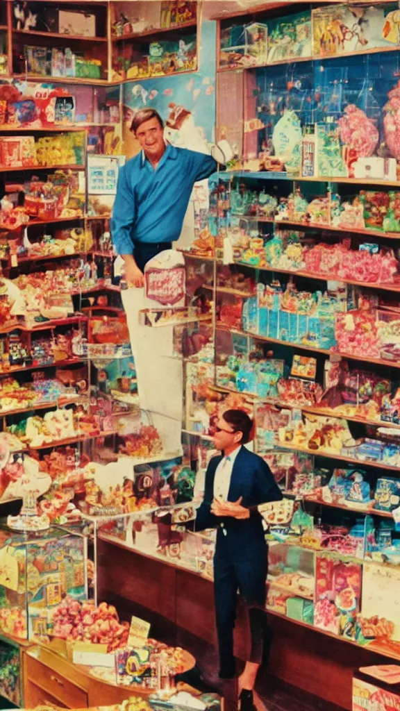 Prompt: 6 0 s photo of a business man in a candy shop on a remote island, kodachrome