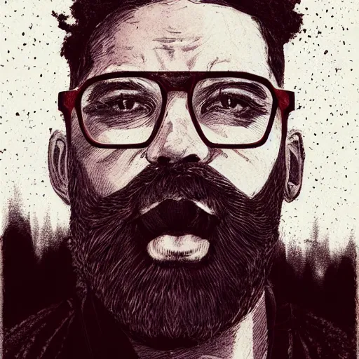 Prompt: detailed portrait of bearded jermaine clement in wireframe glasses, cursed, 1 9 5 0's, scruffy man, magnificent, photographic realistic background, by james gilleard, by joe fenton, by kaethe butcher, trending on instagram, award winning details