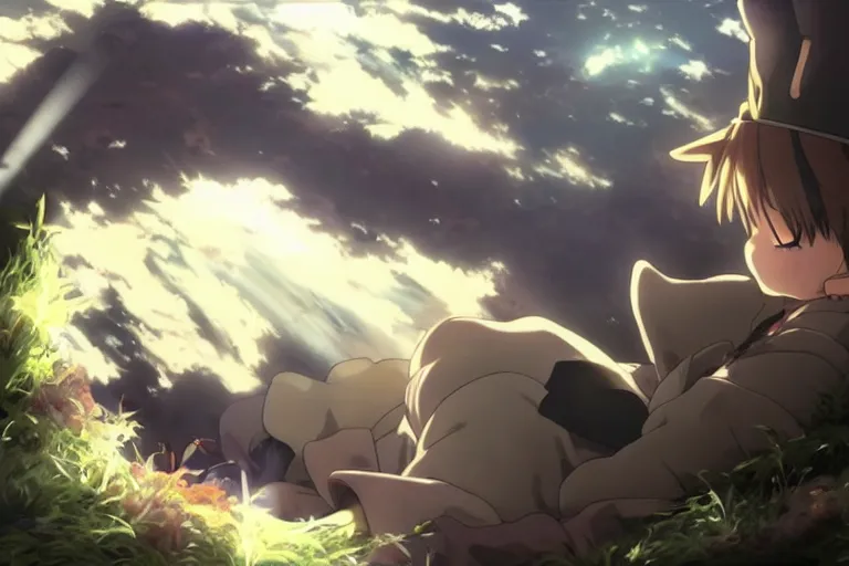 Prompt: anime key visual from Made in abyss, a close-up shot of SLEEPING CALICO CAT, beautiful lighting, god rays, stunning anime art