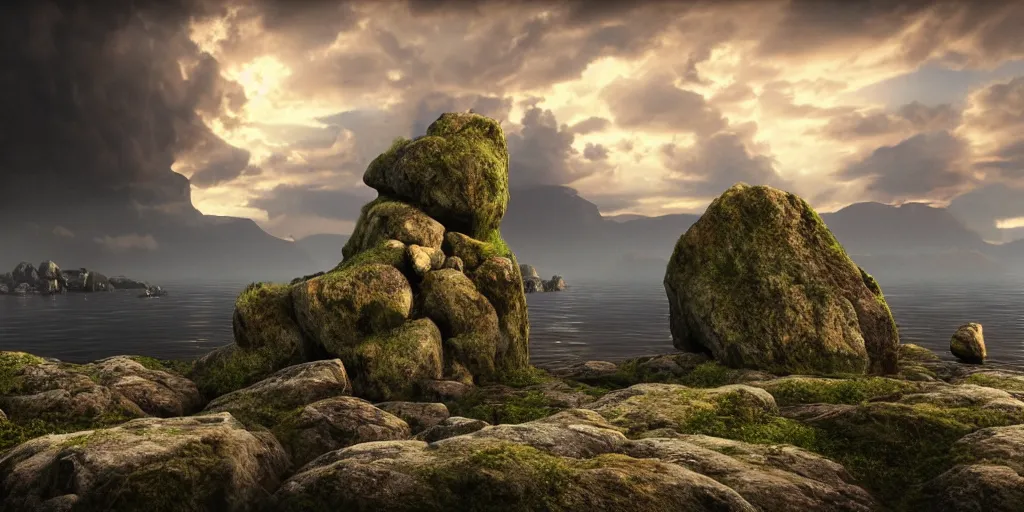 Image similar to Photorealistic epic landscape with floating rocks, with ominous clouds, levitating stones, a gente rising mist. photorealism, UHD, amazing depth, glowing, golden ratio, 3D octane cycle unreal engine 5, volumetric lighting, cinematic lighting, cgstation artstation concept art