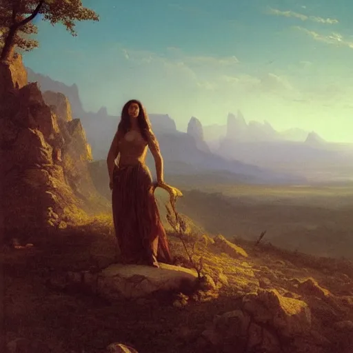 Prompt: an ultradetailed matte landscape painting of mountain sized sculpture of a beautiful and elegant woman, sunrise on the horizon in the background, stone hand raised up, 8 k, art by greg rutkowski and albert bierstadt