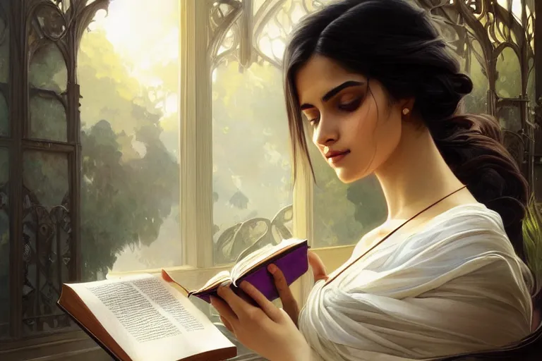 Prompt: sensual good looking pale young bengali girl with soulful eyes reading a novel, portrait, elegant, intricate, digital painting, artstation, concept art, smooth, sharp focus, illustration, art by artgerm and greg rutkowski and alphonse mucha
