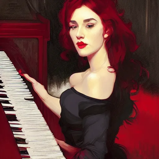 Image similar to a beautiful portait of a piano player with black and red hair singing in a jazz club, female, intricate, elegant, highly detailed, digital painting, artstation, concept art, matte, sharp focus, illustration, art by greg rutkowski and alphonse mucha