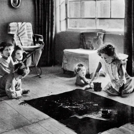 Prompt: children waking up on christmas morning to a mass of black tar on the living room floor, life magazine photo, 1946