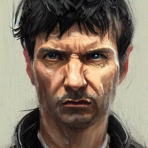 Image similar to Portrait of a man by Greg Rutkowski, he is about 40 years old, short black hair with bangs, his features are a mix between French, Turkish and Russian, expression of helplessness, sadness and resentment, he is wearing a futuristic tactical gear, highly detailed portrait, digital painting, artstation, concept art, smooth, sharp foccus ilustration, Artstation HQ.