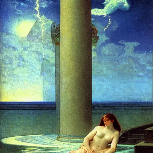 Image similar to Demon girl at the giant column, thunderstorm, greek pool, beach and palm trees on the background major arcana sky, by paul delaroche, alphonse mucha and arnold böcklin arnold böcklin hyperrealistic 8k, very detailed