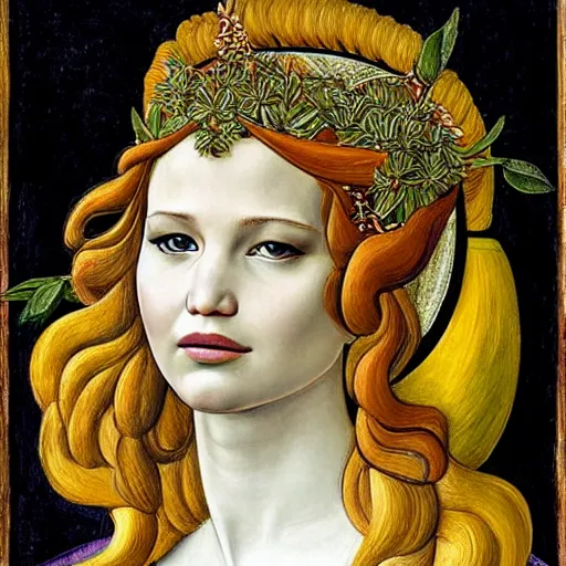 Image similar to jennifer lawrence as the goddess of spring, elegant portrait by sandro botticelli, detailed, symmetrical, intricate