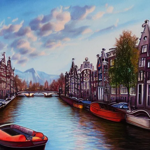 Image similar to amsterdam painting with mountains in the distance and flying dragons realistic high detail
