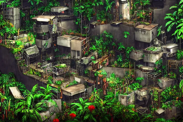 Prompt: favela winding cybernetic bunker, lush floral jungle environment, industrial factory, haunting, award winning art, epic dreamlike fantasy landscape, ultra realistic,