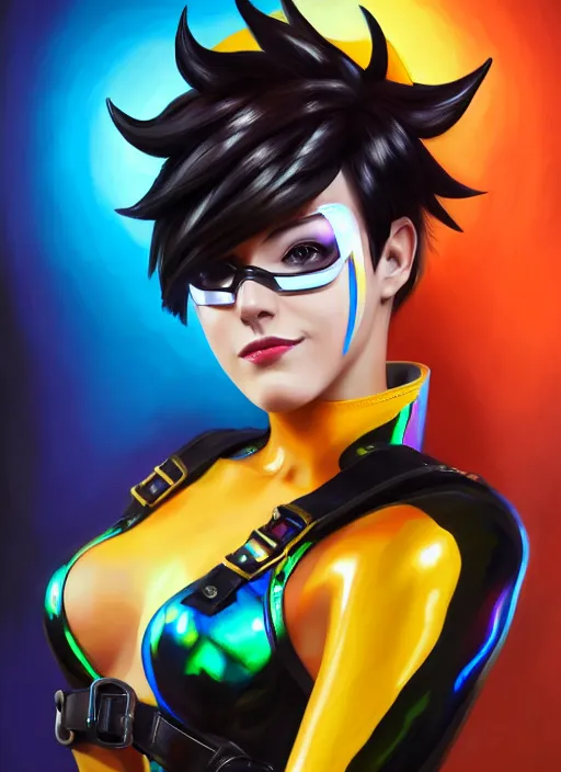 Image similar to oil painting digital artwork of tracer overwatch, confident pose, wearing black iridescent rainbow latex, 4 k, expressive happy smug expression, makeup, in style of mark arian, wearing leather collar, wearing sleek full body armor, black leather harness, expressive detailed face and eyes,