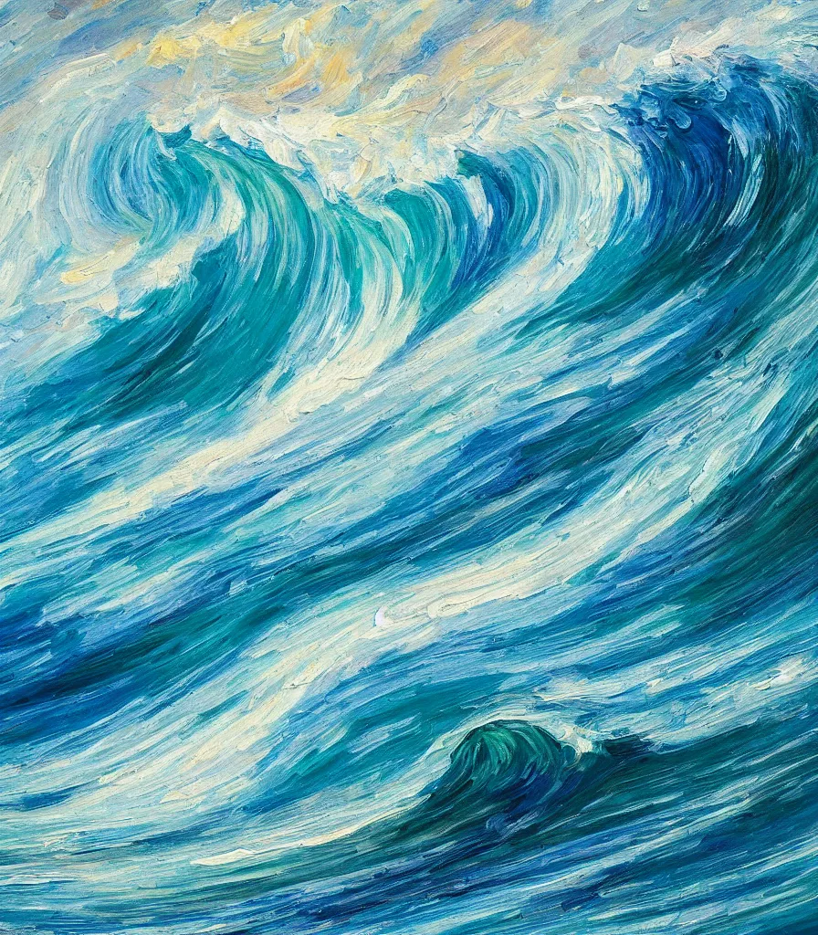 Prompt: an impasto oil painting from the inside of a barreling wave, traidic color scheme, blue and cyan colors, high detail, breathtaking wave, impressionism