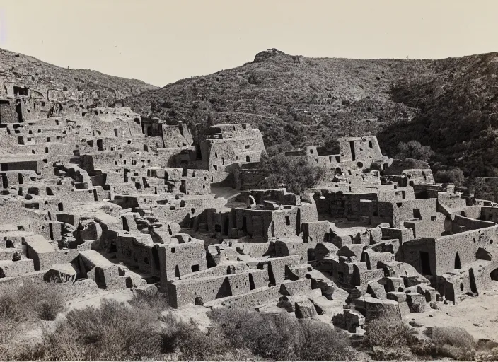 Prompt: Photograph of sprawling pueblo ruins carved out of a cliff face, showing terraced gardens and narrow stairs in lush desert vegetation in the foreground, albumen silver print, Smithsonian American Art Museum