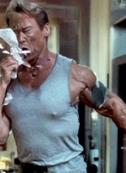 Prompt: arnold schwartzenegger vomiting all over himself and having explosive diarrhea after taco bell