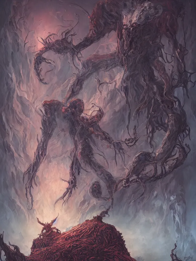 Prompt: An epic fantasy comic book style portrait painting of a monster woman with needle hair and huge spider legs crawling out of a volcano, RPG portrait, by Anato Finnstark, by Randy Vargas, by Bayard Wu, by Wayne Barlowe