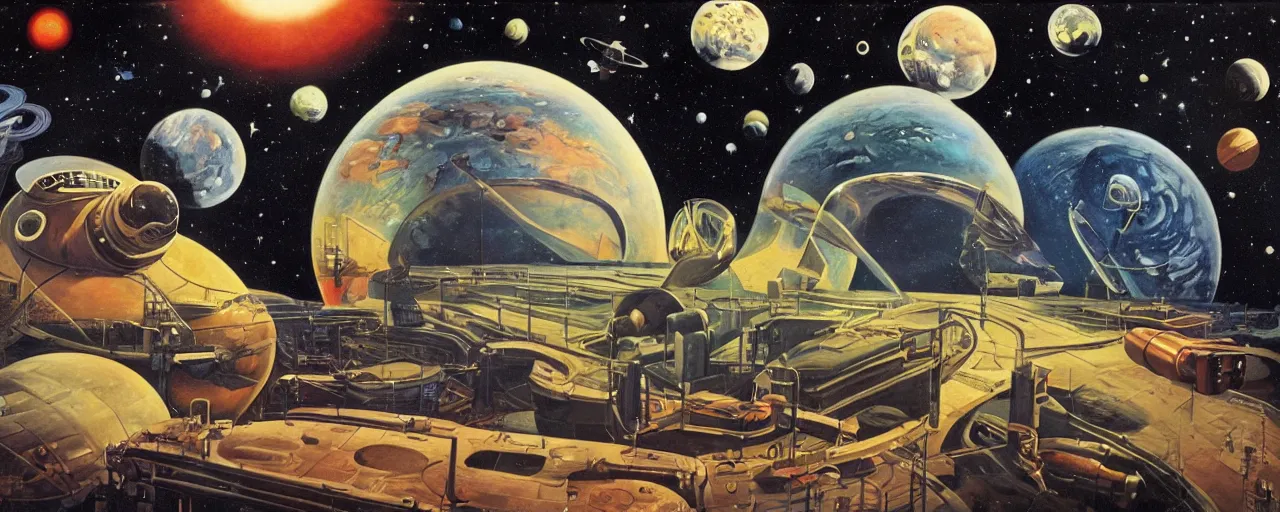 Image similar to a beautiful future for space program, astronauts and space colonies, utopian, by david a. hardy, wpa, public works mural, socialist