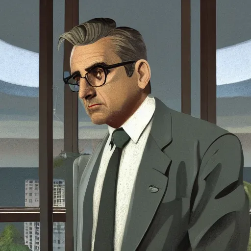 Image similar to a silver-haired steve carell, head and shoulders masterpiece, in rapture, golden hour, artstation, in the style of Art Deco and Edward Hopper and Bosch, extremely detailed