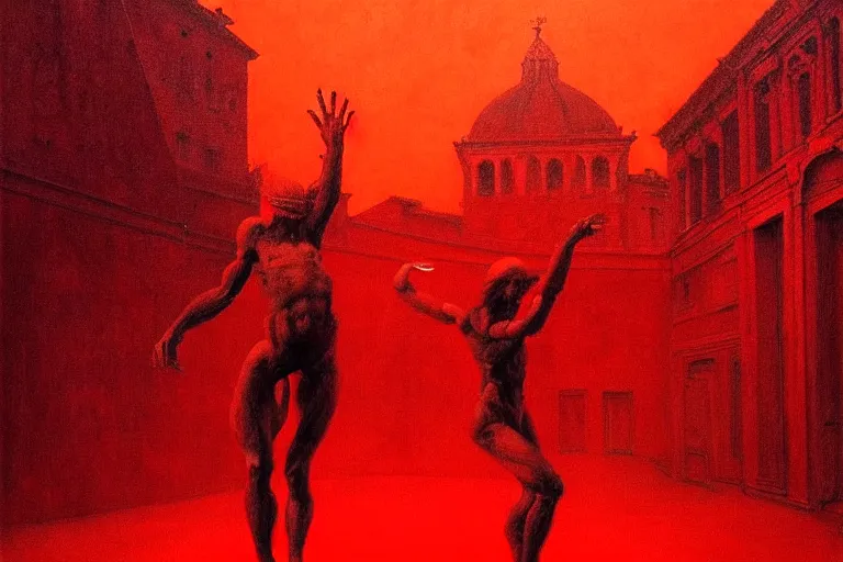 Image similar to only with red, a red tiger, rome in the background, medieval demons dance, an ancient path, in the style of beksinski, part by hopper, part by rodcenko, part by hofbauer, intricate composition, red by caravaggio, insanely quality, highly detailed, masterpiece, red light, artstation