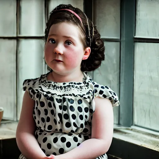 Image similar to charming and chubby girl, wearing a polka dot dress and a victorian - style hairdo on her head, sits in the large and bright studio. sunlight enters through the barred window. very realistic shiny skin. subsurface scattering shiny skin. beautiful lighting, 4 k post - processing, highly detailed, 5 k extremely detailed, 3 d. cinematic scene.