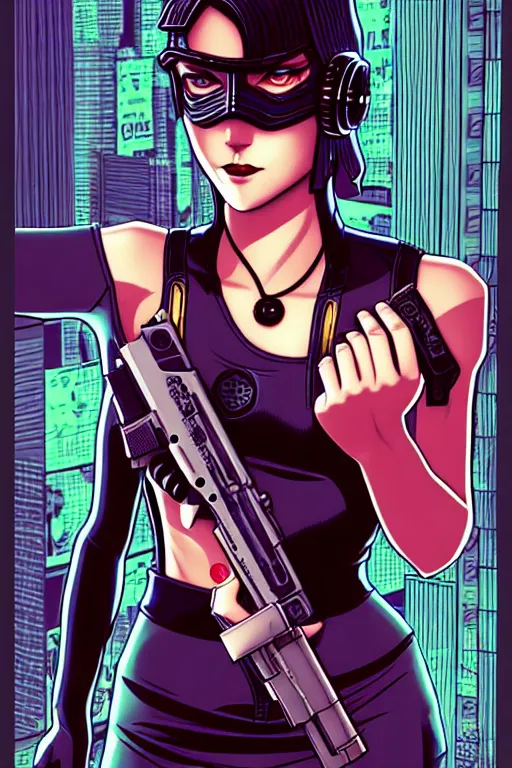 Prompt: comic cover art of a cyberpunk ( flapper girl ) holding a revolver, inspired by gunsmith cats and sin city, by jenny frison and sana takeda, intricate details, stunning inking lines, stunning gradient colors, 4 k, hd, artstation