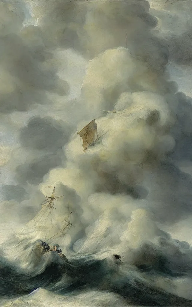 Prompt: haraga sea storm, by rembrandt and gutav dore, painting, in small boat