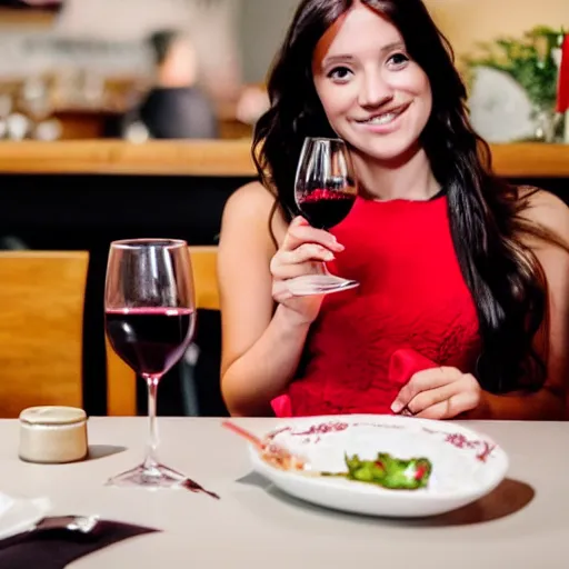 Prompt: sketch of a girl in a red dress on a date night sitting on the table from front with a wine sushi on the table