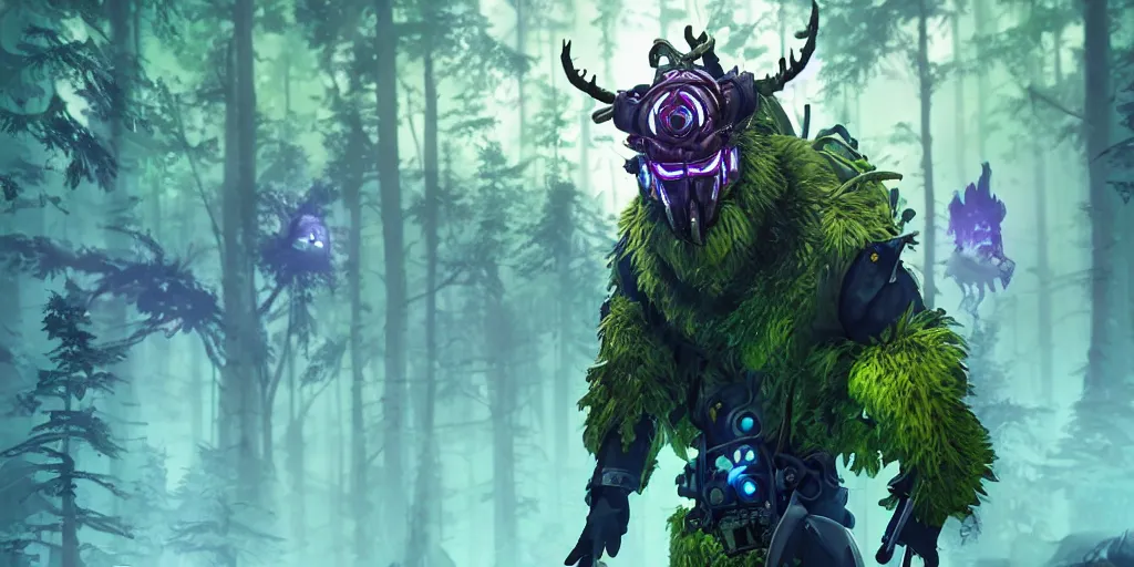 Image similar to gamekeeper hunting for mystical forest monster and wearing a steampunk and neonpunk mechanical fluorescent mystical animal mask realism in style of fornite game. bio luminescent, plasma, ice, water, wind, creature, artwork by tooth wu and wlop and beeple and greg rutkowski, epic cinematic shot, perfectly defined features, ambient occlusion