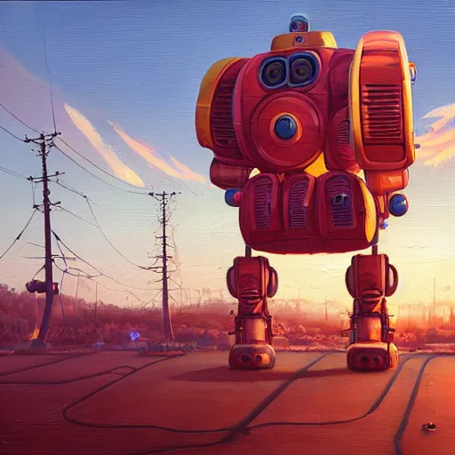 Image similar to an intricate oil painting of a giant anime robot with rounded and circular parts by simon stalenhag