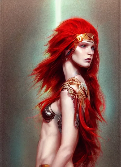 Prompt: sketch of cute beautiful red haired super model as futuristic aphrodite greek goddess wearing a holographic headdress, beautiful piercing gaze with sharp pupils, in the style of greg rutkowski, fantasy, amazing detail, epic, elegant, smooth, sharp focus, front view