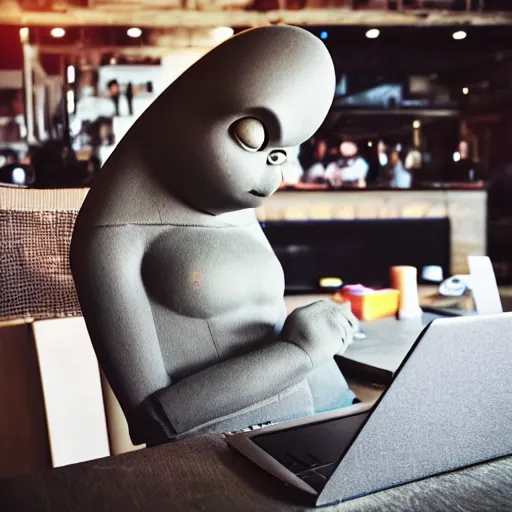 Image similar to gray alien working on laptop in coffee shop cafe professional filter photo