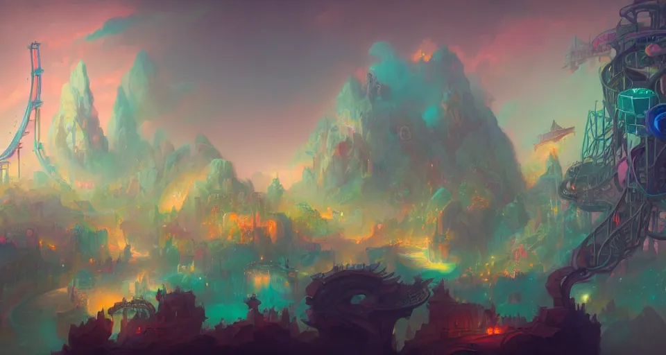 Image similar to a roller coaster with Pastel coloring by peter mohrbacher, vivid colors, matte painting, 8K, concept art, mystical color scheme, trending on artstation