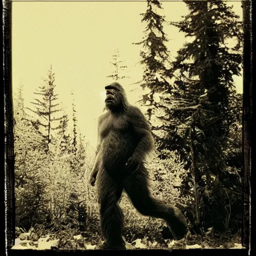 Image similar to a trailcam photo of a real life bigfoot, grainy, vintage, crt