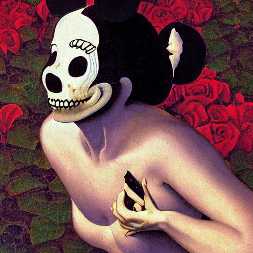 Image similar to portrait painting young woman skeleton, minnie mouse, comic book, elegant, highly detailed, painted by maxfield parrish and murakami