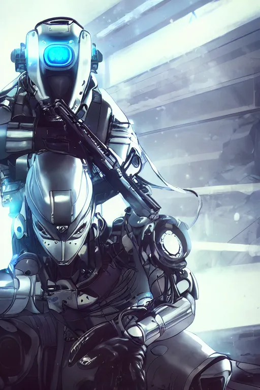 Image similar to cyber cyborg ninja mask helmet metal gear solid artic suit swat commando, global illumination ray tracing hdr fanart arstation by sung choi and eric pfeiffer and gabriel garza and casper konefal, a spectacular view cinematic rays of sunlight comic book illustration, by john kirby